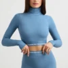 Backless Turtleneck Long-Sleeve Crop Top in Steel Blue