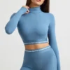 Backless Turtleneck Long-Sleeve Crop Top in Steel Blue