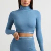 Backless Turtleneck Long-Sleeve Crop Top in Steel Blue
