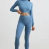 Backless Turtleneck Long-Sleeve Crop Top in Steel Blue