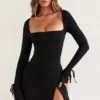 Baize Square Neck Long Sleeve Mini Dress in Black