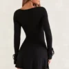 Baize Square Neck Long Sleeve Mini Dress in Black