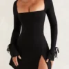 Baize Square Neck Long Sleeve Mini Dress in Black