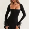 Baize Square Neck Long Sleeve Mini Dress in Black