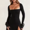 Baize Square Neck Long Sleeve Mini Dress in Black