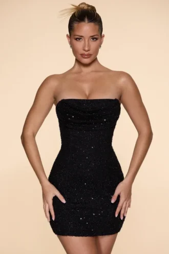 Basel Embellished Strapless Cowl Neck Mini Dress in Black