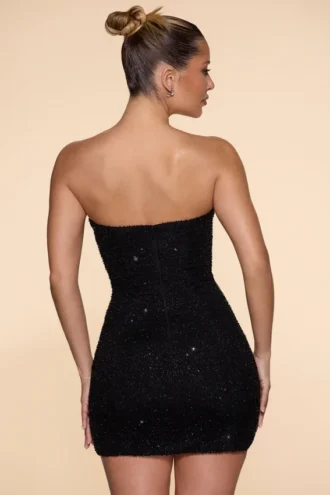 Basel Embellished Strapless Cowl Neck Mini Dress in Black