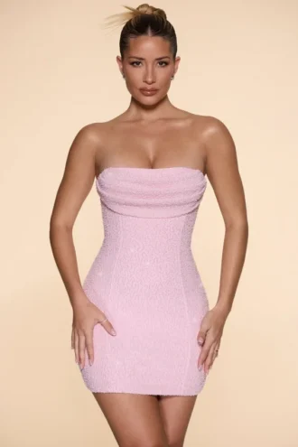 Basel Embellished Strapless Cowl Neck Mini Dress in Blush