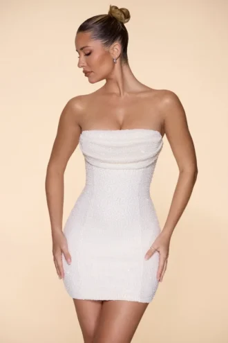 Basel Embellished Strapless Cowl Neck Mini Dress in Ivory