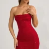 Basel Embellished Strapless Cowl-Neck Mini Dress in True Red