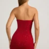 Basel Embellished Strapless Cowl-Neck Mini Dress in True Red