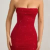 Basel Embellished Strapless Cowl-Neck Mini Dress in True Red