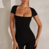 Bea Cap Sleeve Square Neck Unitard in Black