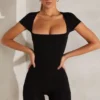 Bea Cap Sleeve Square Neck Unitard in Black
