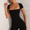 Bea Cap Sleeve Square Neck Unitard in Black