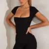 Bea Cap Sleeve Square Neck Unitard in Black