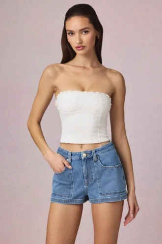 Beata High-Waist A-Line Shorts in Mid-Blue Wash