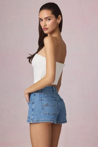 Beata High-Waist A-Line Shorts in Mid-Blue Wash