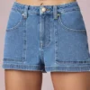 Beata High-Waist A-Line Shorts in Mid-Blue Wash