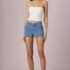 Beata High-Waist A-Line Shorts in Mid-Blue Wash