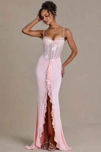 Beatrix Premium Embellished Lace Corset Gown in Baby Pink