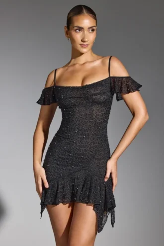 Beaufort Embellished Cold Shoulder Mini Dress in Black