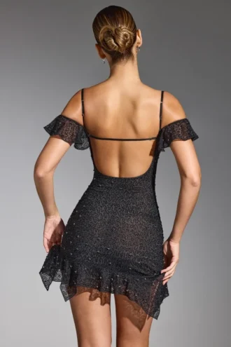 Beaufort Embellished Cold Shoulder Mini Dress in Black