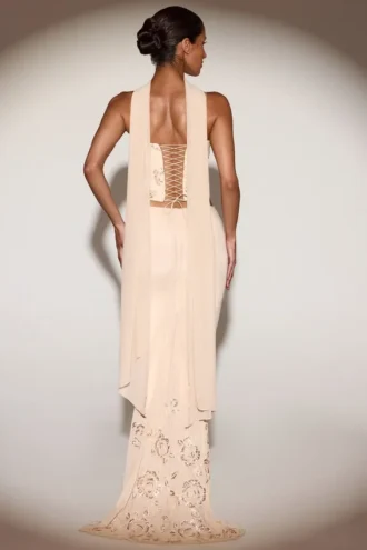 Belen Embellished Draped Mid-Rise Gown Skirt in Gold