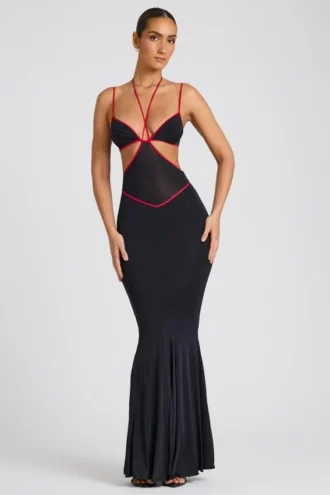 Bella Contrast Binding Cut Out Evening Gown in Black