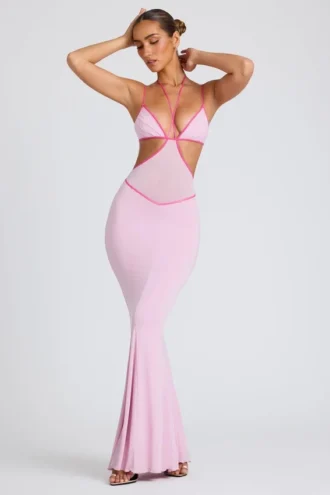 Bella Contrast Binding Cut Out Evening Gown in Soft Pink
