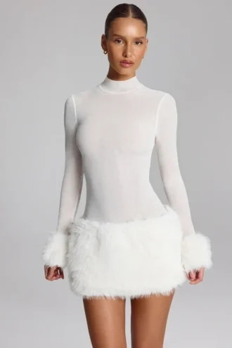 Belladonna Faux Fur-Trim Turtleneck Mini Dress in White