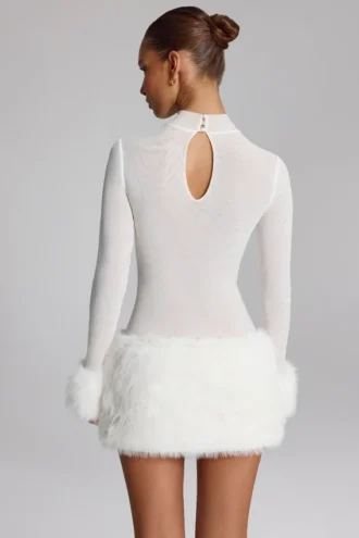 Belladonna Faux Fur-Trim Turtleneck Mini Dress in White