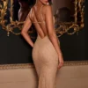 Bellara Metallic Lace Plunge-Neck Backless Midaxi Dress in Gold