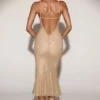 Bellara Metallic Lace Plunge-Neck Backless Midaxi Dress in Gold