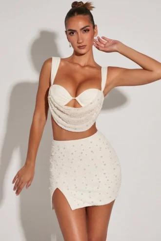 Belle Ile High Waist Thigh Split Mini Skirt in White