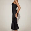 Belsa Satin Lace-Trim Bandeau Fluted Midaxi Dress in Black
