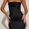 Belsa Satin Lace-Trim Bandeau Fluted Midaxi Dress in Black