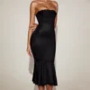 Belsa Satin Lace-Trim Bandeau Fluted Midaxi Dress in Black