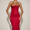 Belsa Satin Lace-Trim Bandeau Fluted Midaxi Dress in True Red