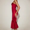 Belsa Satin Lace-Trim Bandeau Fluted Midaxi Dress in True Red