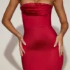 Belsa Satin Lace-Trim Bandeau Fluted Midaxi Dress in True Red