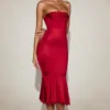 Belsa Satin Lace-Trim Bandeau Fluted Midaxi Dress in True Red