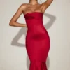 Belsa Satin Lace-Trim Bandeau Fluted Midaxi Dress in True Red