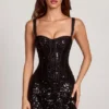 Benedetta Embellished Peekaboo Corset A-Line Mini Dress in Black Zebra