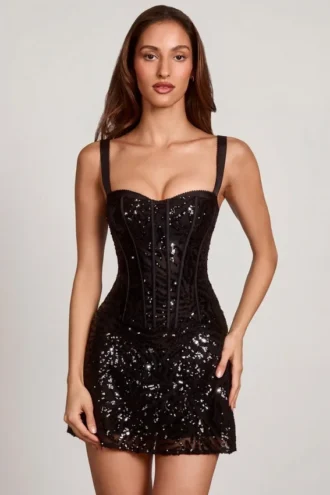 Benedetta Embellished Peekaboo Corset A-Line Mini Dress in Black Zebra
