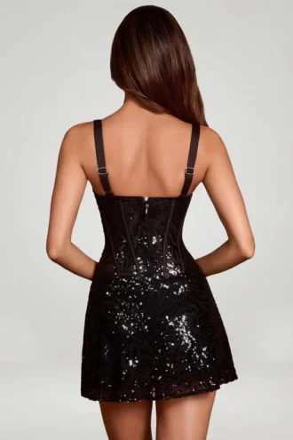 Benedetta Embellished Peekaboo Corset A-Line Mini Dress in Black Zebra