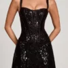 Benedetta Embellished Peekaboo Corset A-Line Mini Dress in Black Zebra