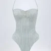 Biarritz Cut-Out Halterneck Swimsuit in Teal Double Stripe