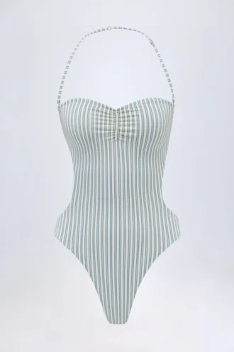 Biarritz Cut-Out Halterneck Swimsuit in Teal Double Stripe