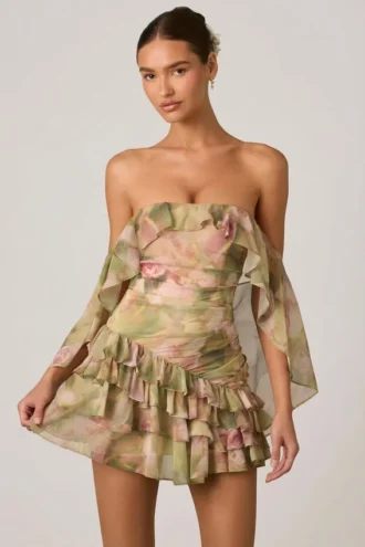 Birdie Off-Shoulder Ruffled Mini Dress in Floral Multi Print
